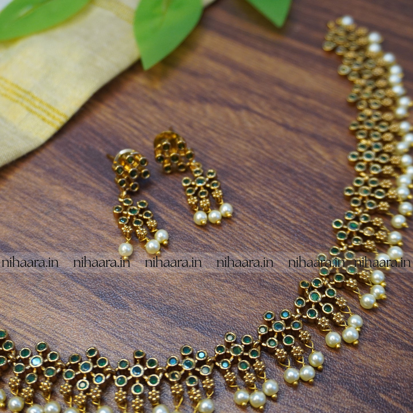 Golden Pearl Bhagya Necklace Set - Green NA744