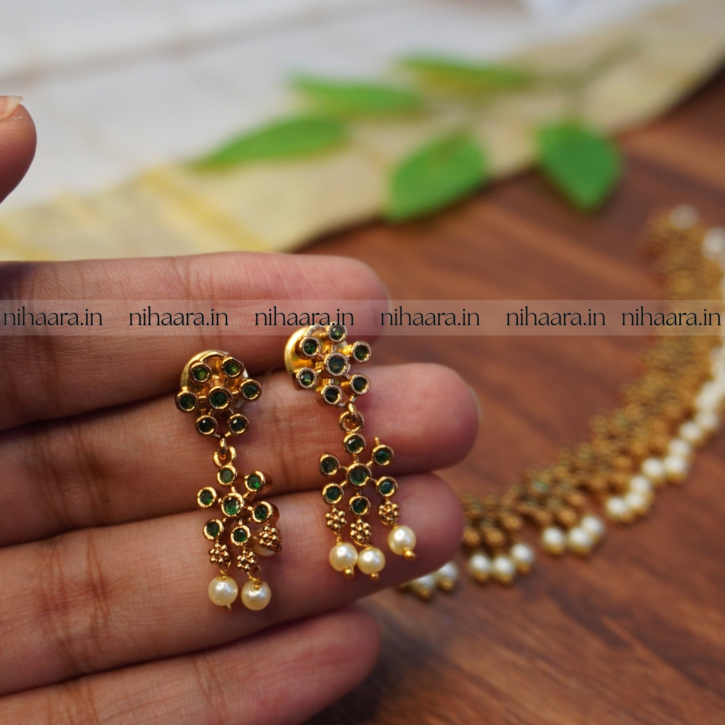 Golden Pearl Bhagya Necklace Set - Green NA744