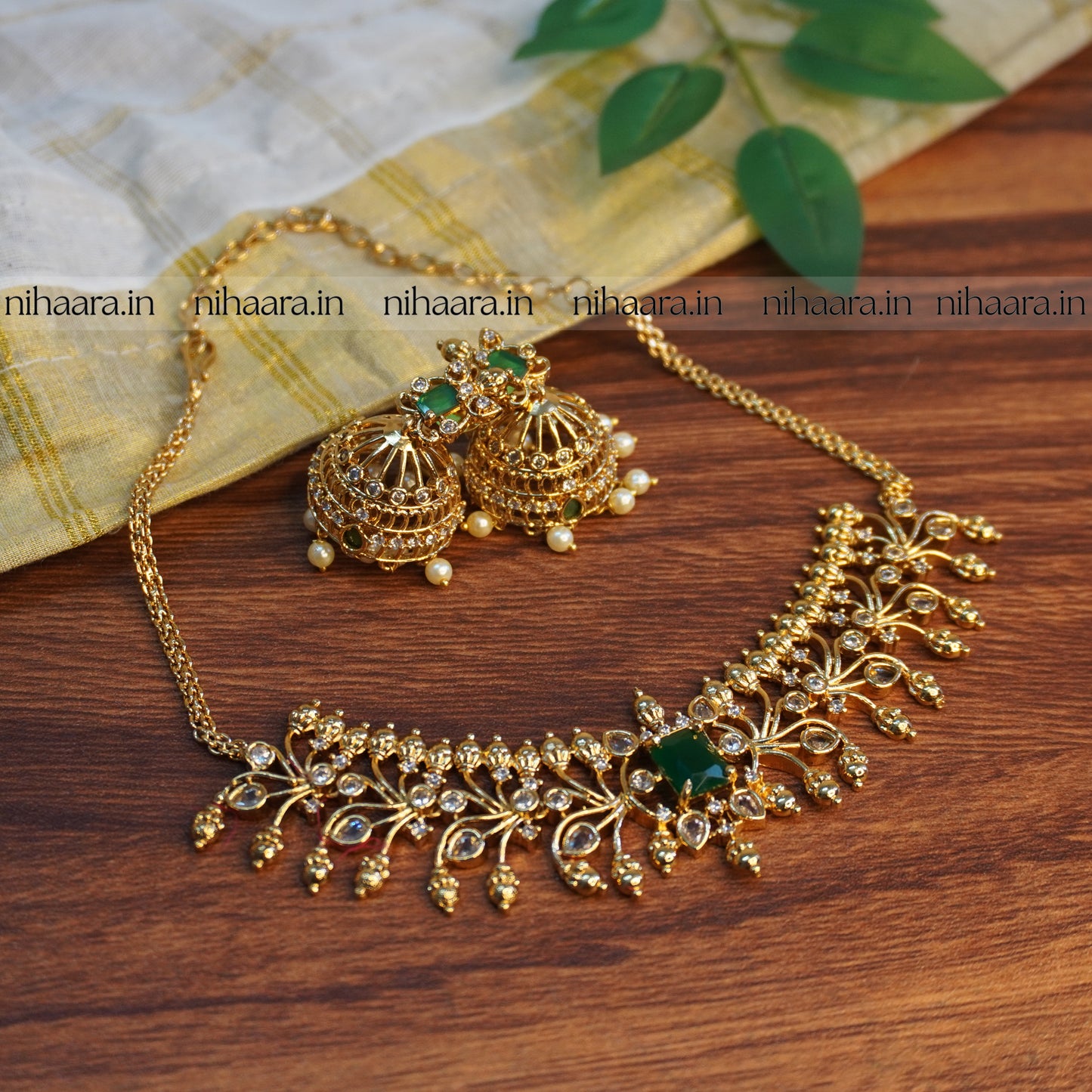 Premium Taruni Golden Choker Set - Green NA757