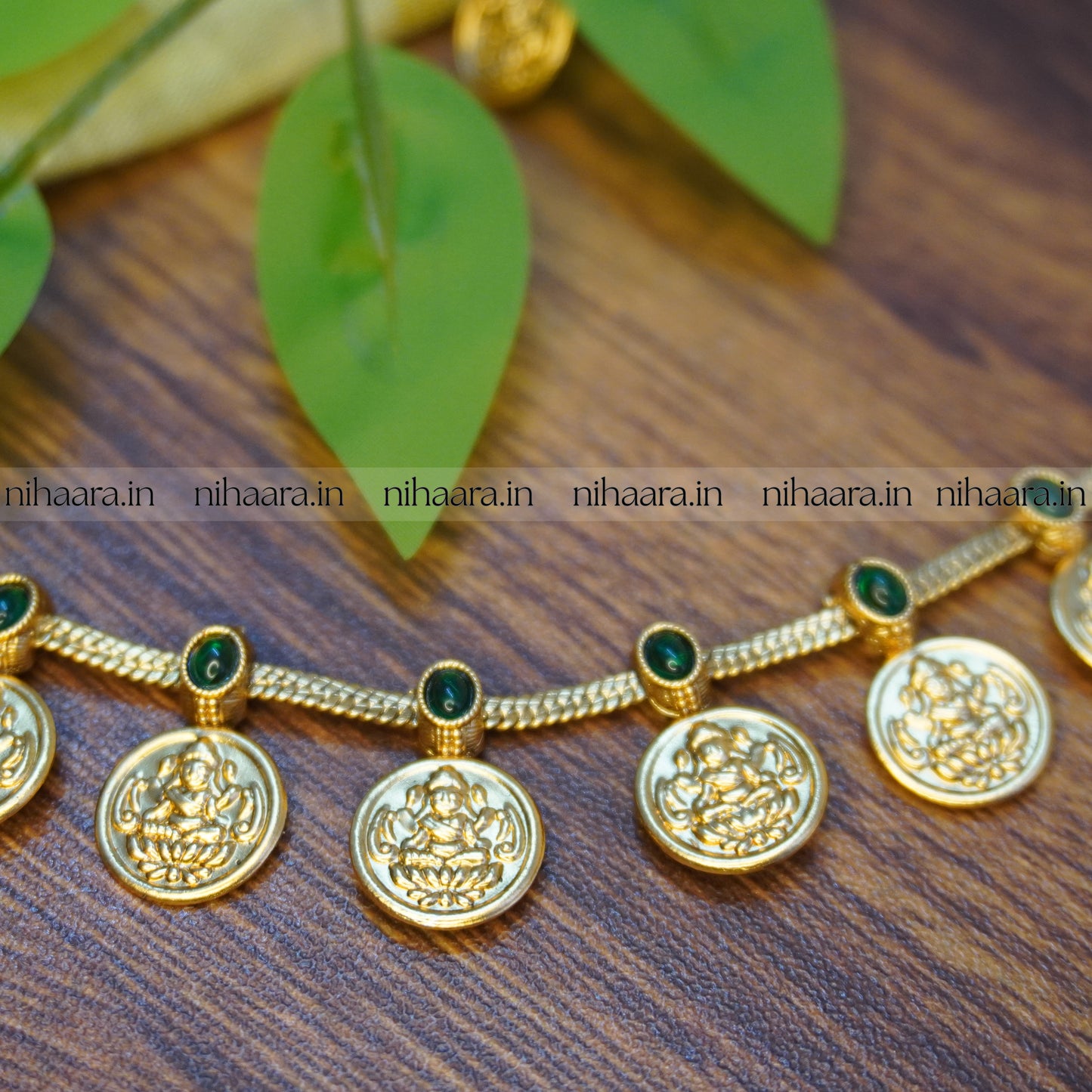 Traditional Antique Lakshmi Coin Necklace Set - Green NA750