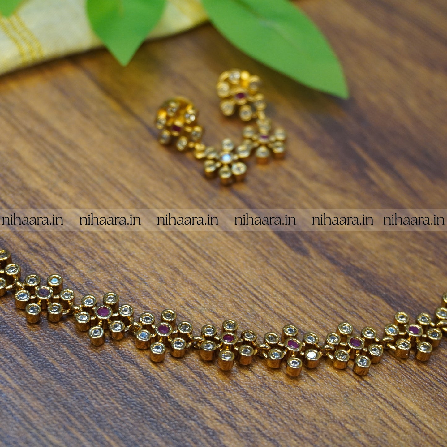 Gold Bhagya Necklace Set - White & Red NA740