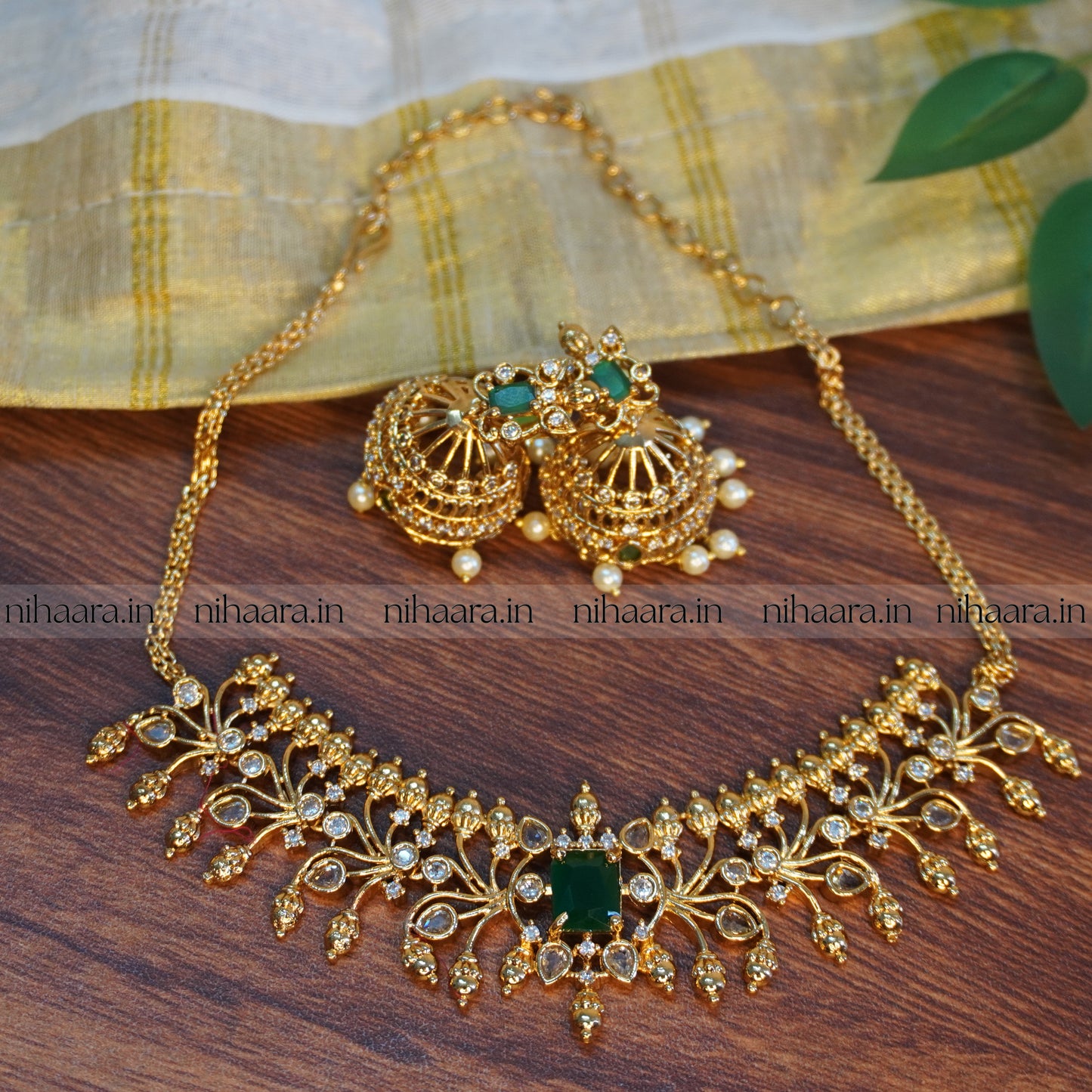 Premium Taruni Golden Choker Set - Green NA757