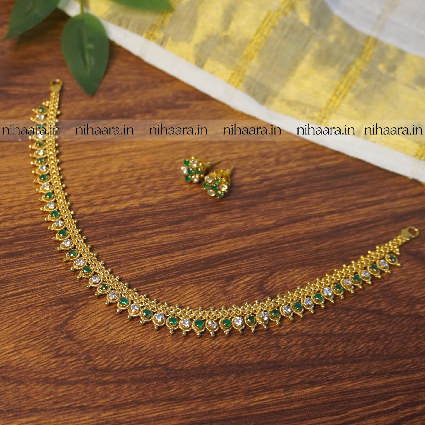 Gold Alankritha Necklace Set - White & Green NA765