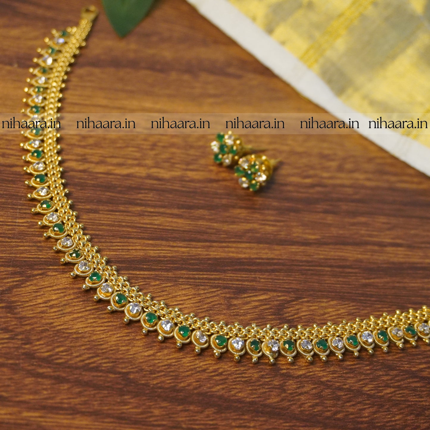 Gold Alankritha Necklace Set - White & Green NA765