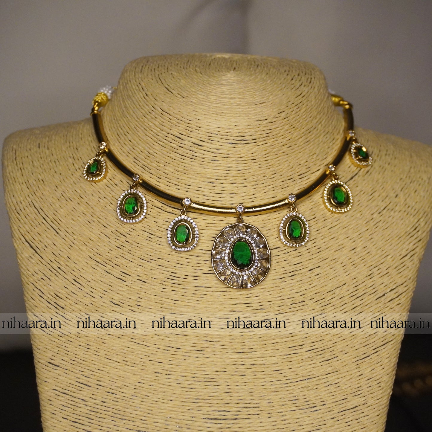 Premium Gold AD Raga Necklace Green NA802