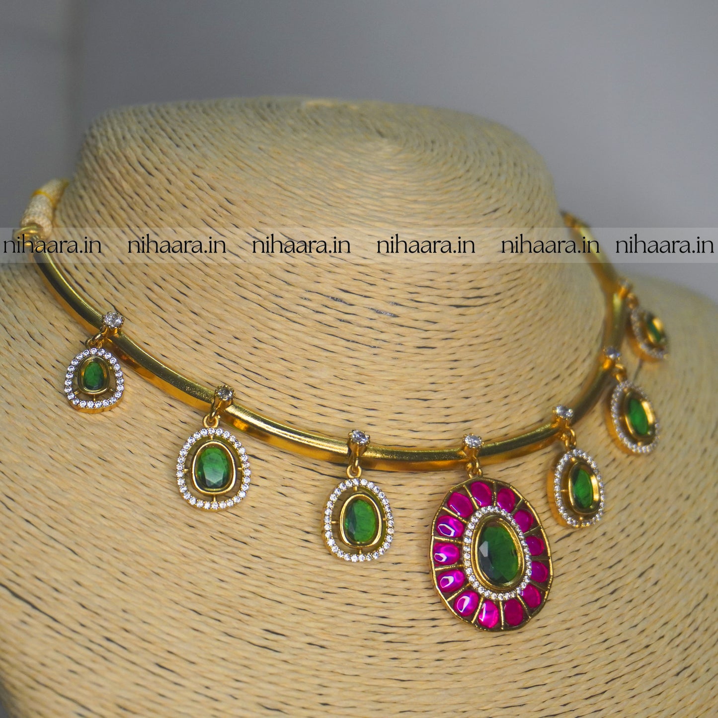 Premium Gold AD Raga Necklace Green & Magenta NA809