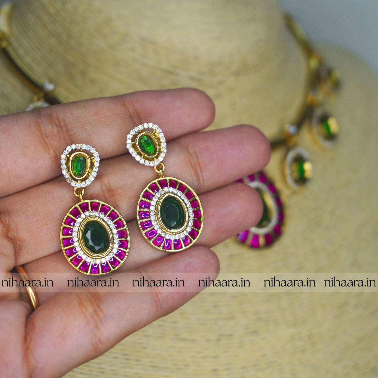 Premium Gold AD Raga Necklace Green & Magenta NA809