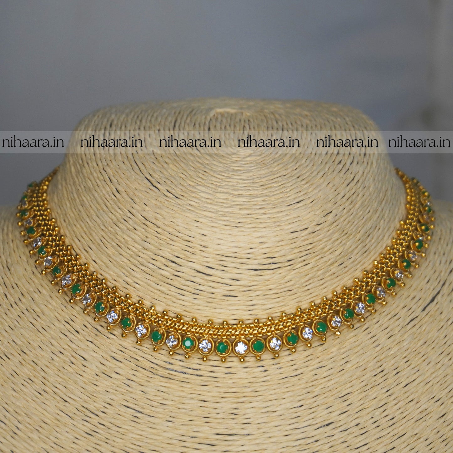 Gold Alankritha Necklace Set - White & Green NA765