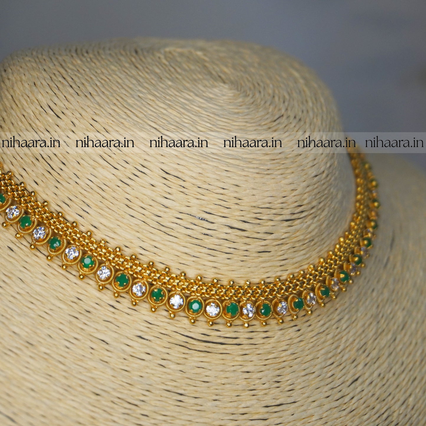 Gold Alankritha Necklace Set - White & Green NA765