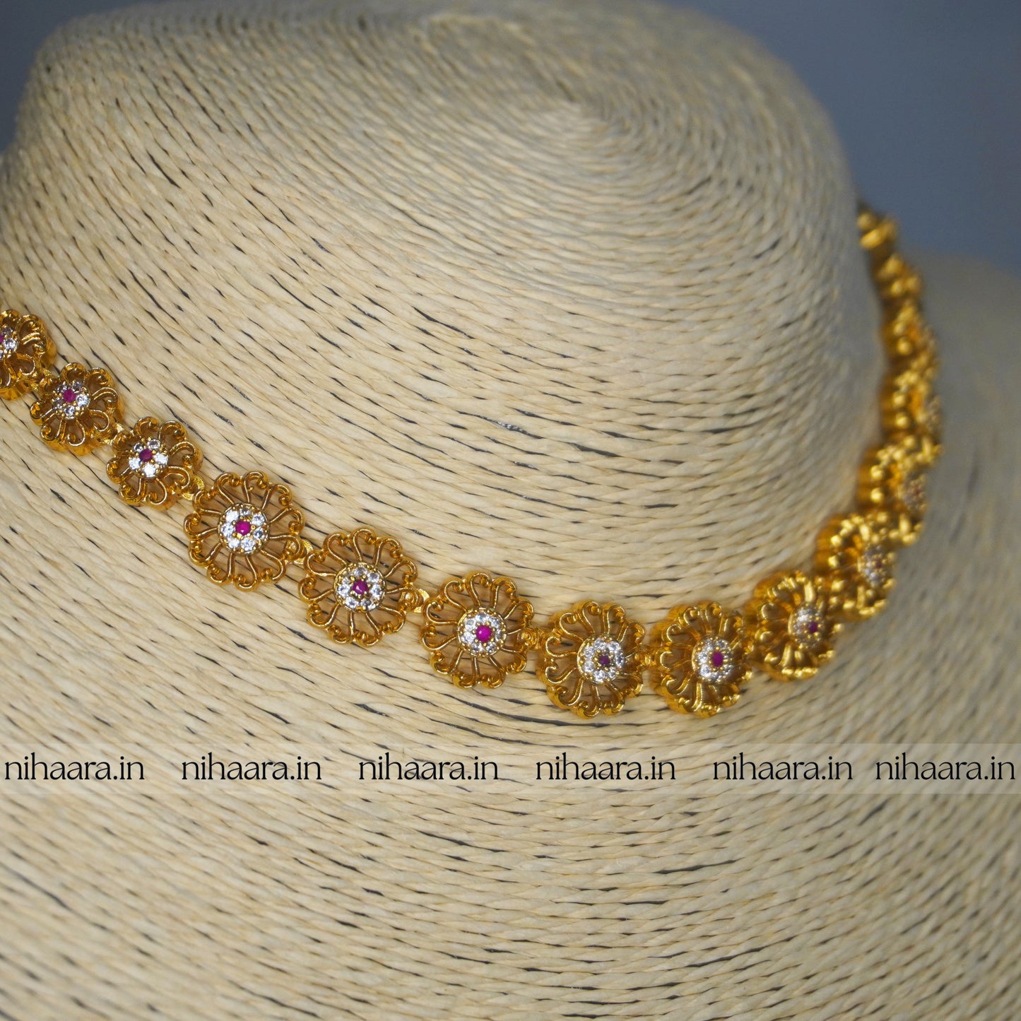 Gold Kamalam Necklace Set - Red NA709