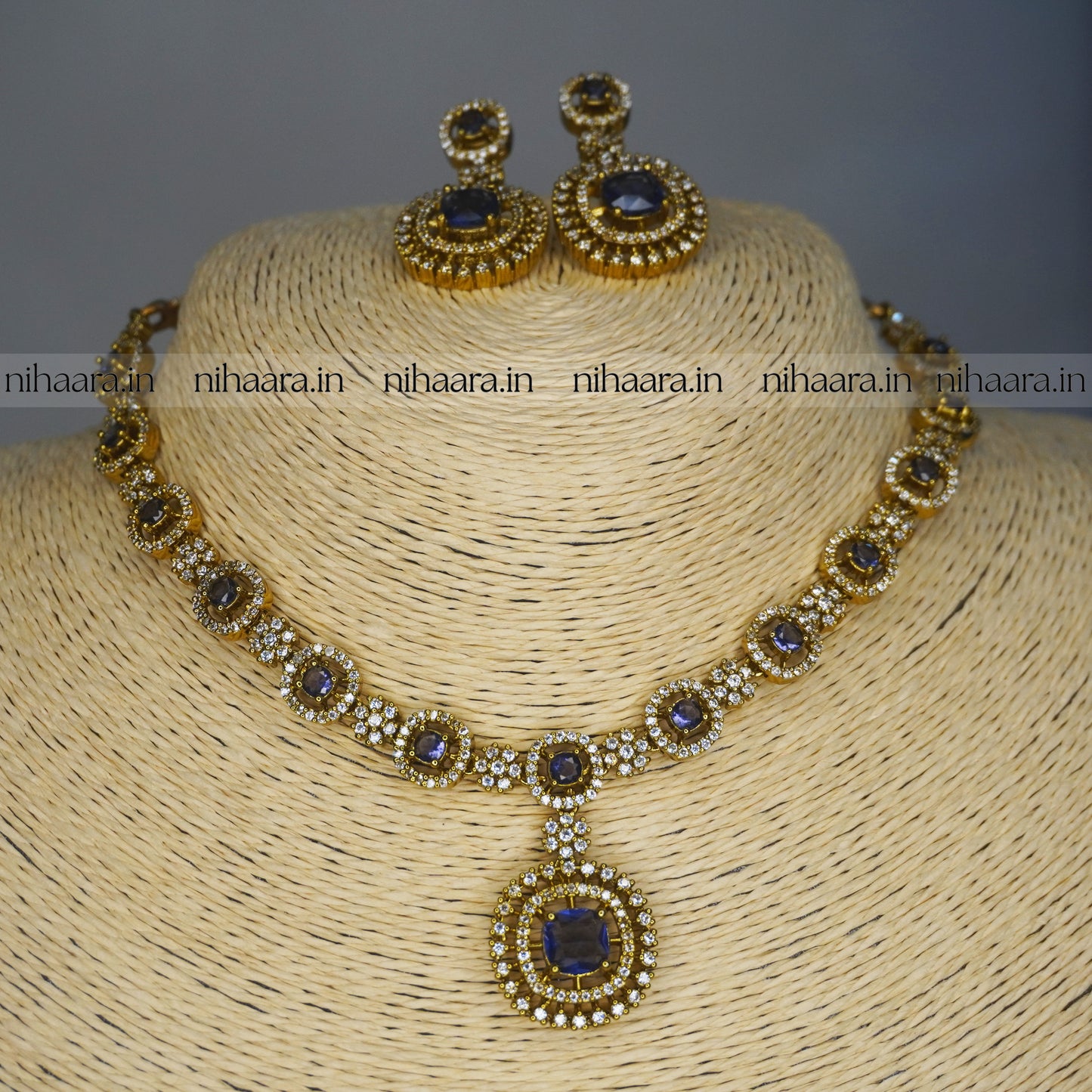 Premium Gold AD Stones Rani Necklace Set Violet NA841