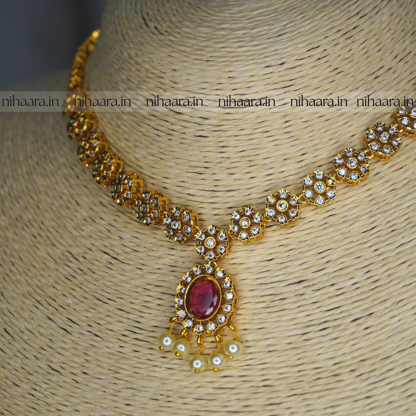 Gold Jhanvi AD Necklace Set Red NA818