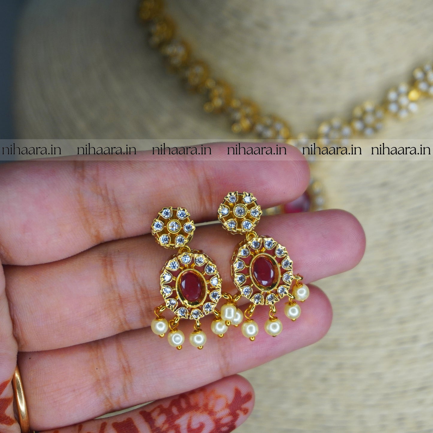 Gold Jhanvi AD Necklace Set Red NA818