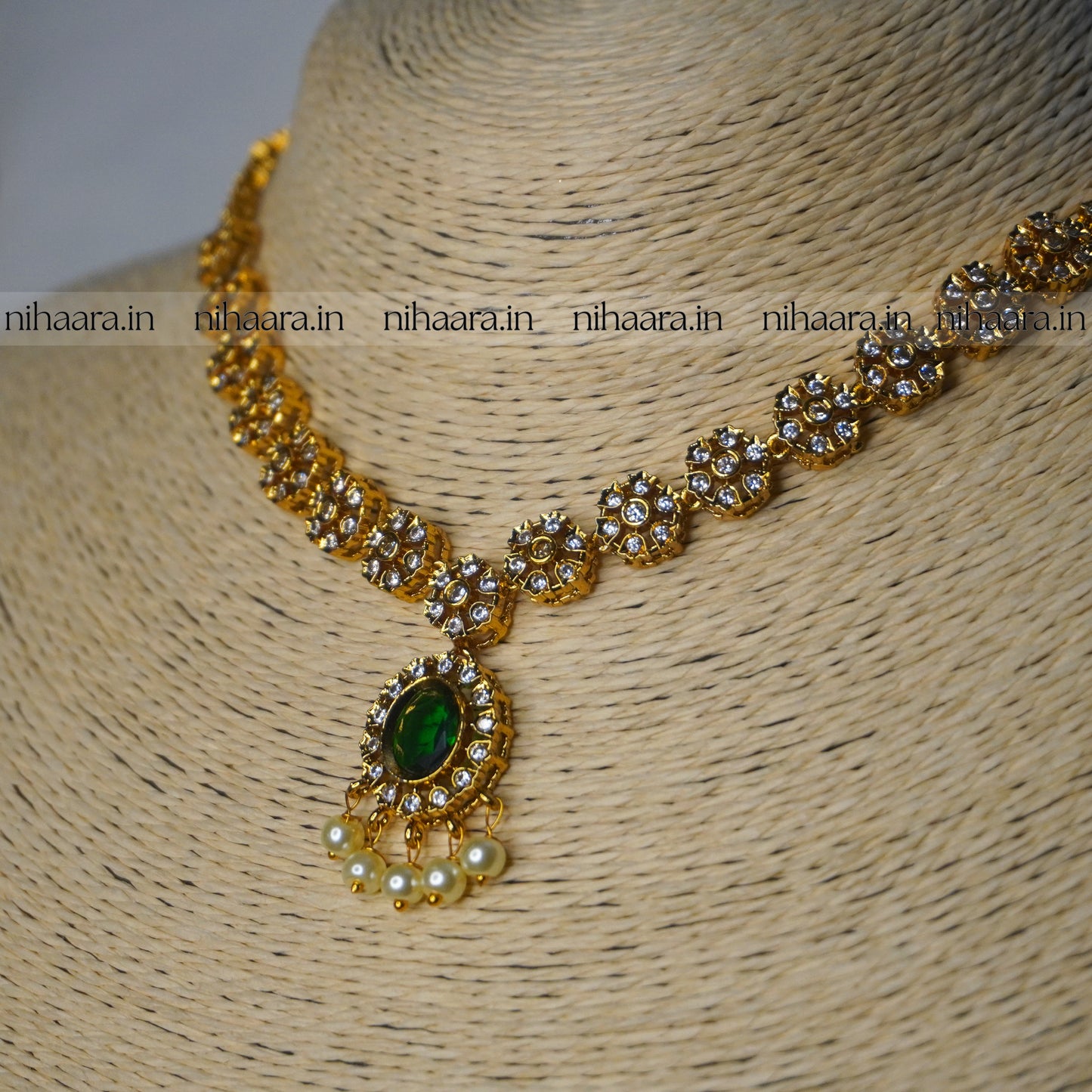 Gold Jhanvi AD Necklace Set Green NA819