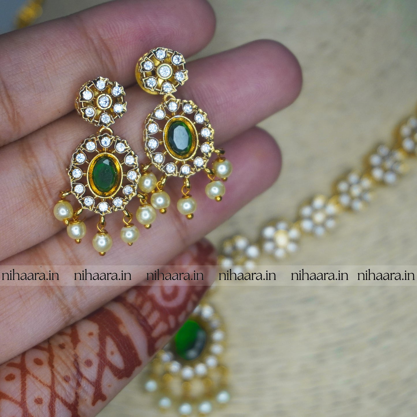 Gold Jhanvi AD Necklace Set Green NA819