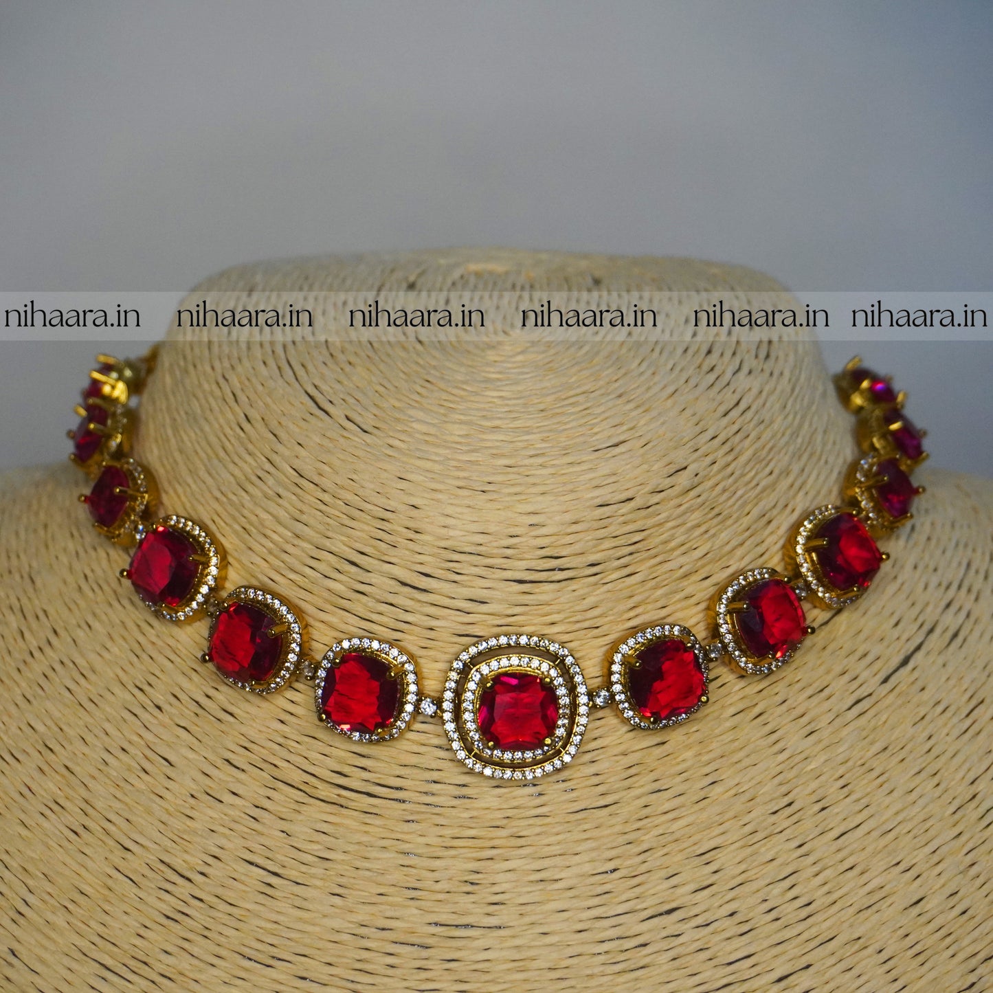 Premium Gold AD Ziva Necklace Set Red NA821