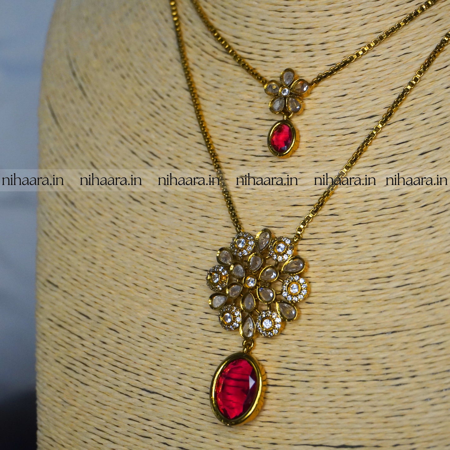 Premium Antique AD Nithya Necklace Set Red NA817