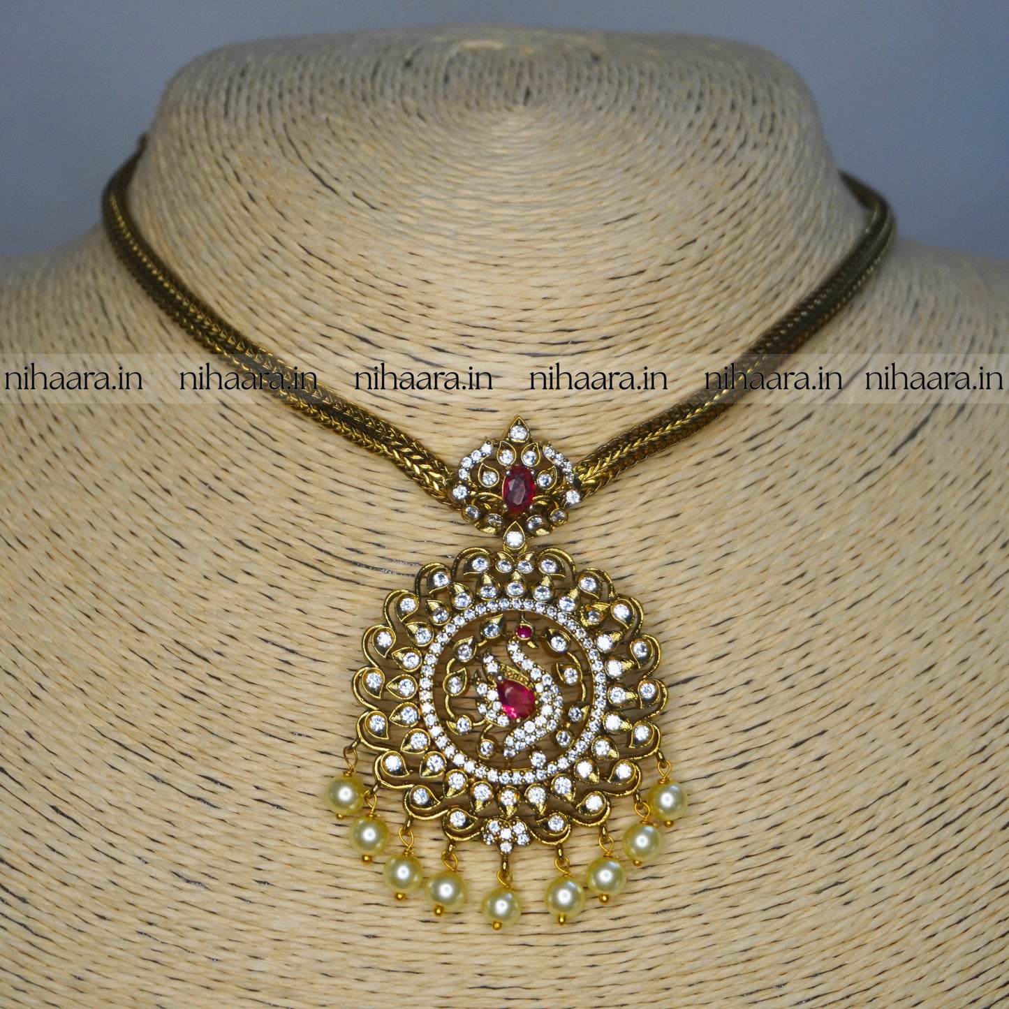 Premium AD Antique Gold Peacock Necklace Set NA827