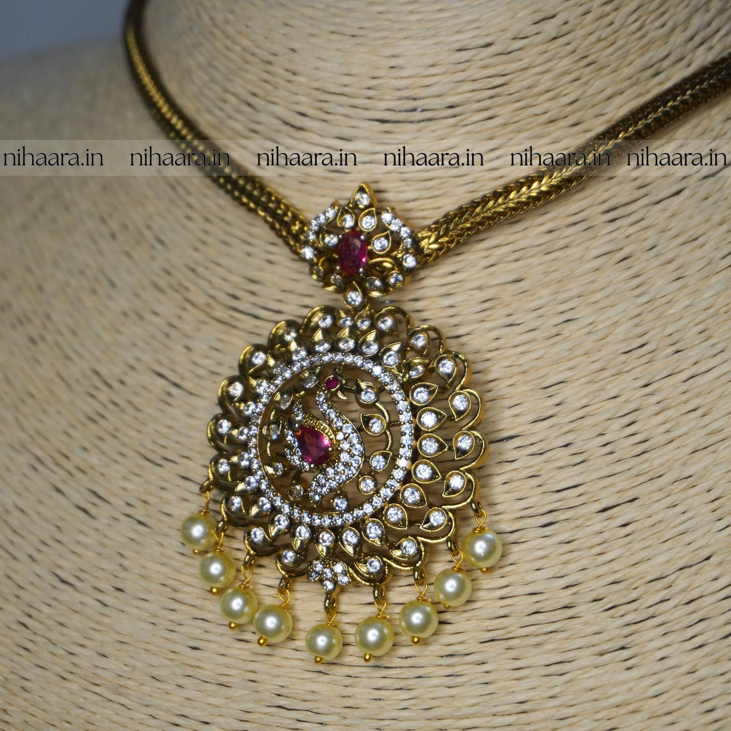 Premium AD Antique Gold Peacock Necklace Set NA827