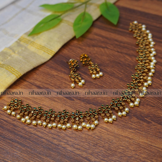 Golden Pearl Bhagya Necklace Set - Green NA744