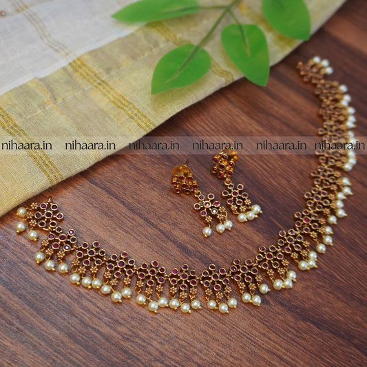 Golden Pearl Bhagya Necklace Set - Red NA721