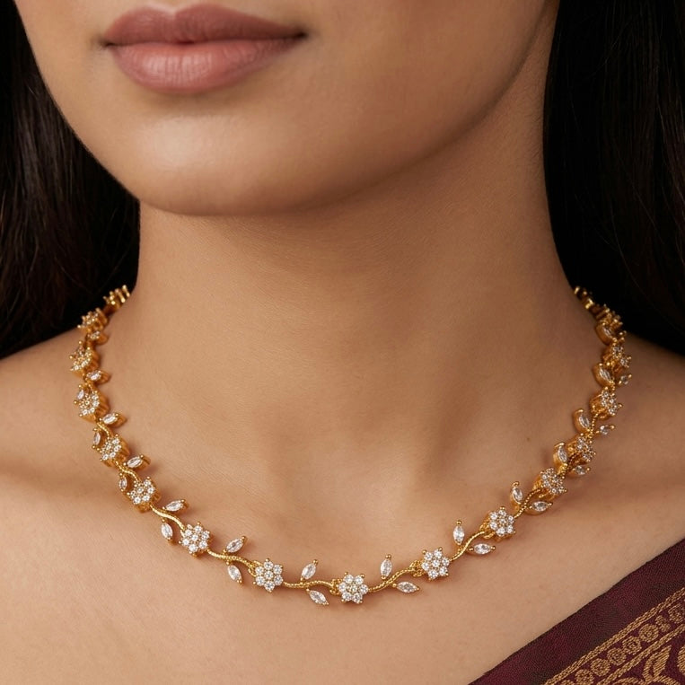 Premium Gold AD Stones Flower Necklace Set NA842