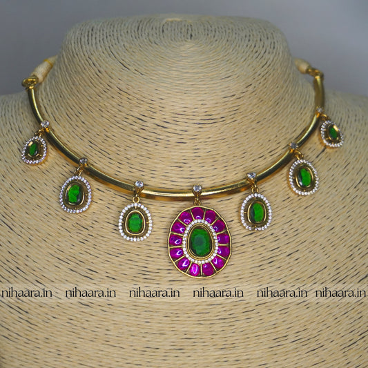 Premium Gold AD Raga Necklace Green & Magenta NA809