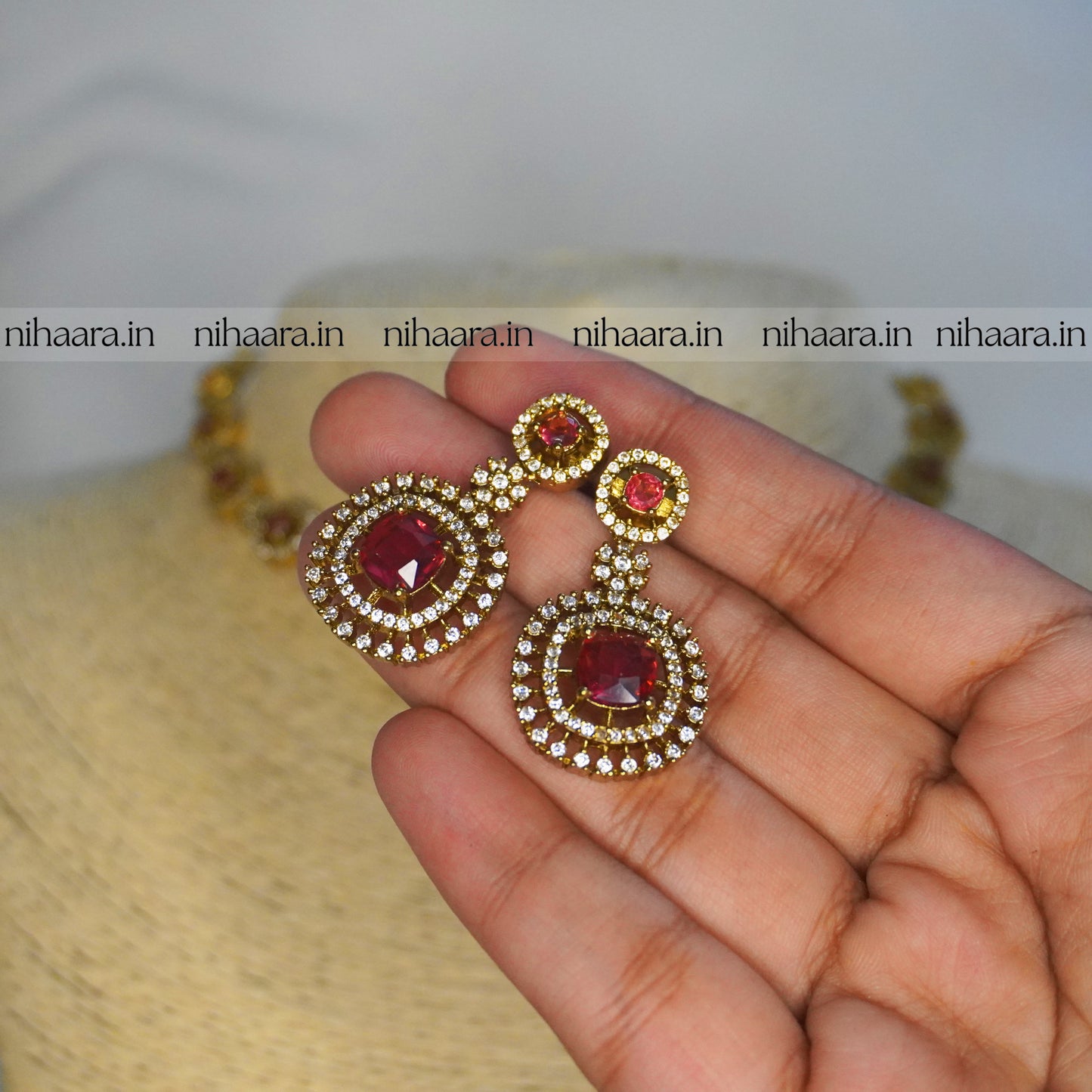Premium Gold AD Stones Rani Necklace Set Red NA840