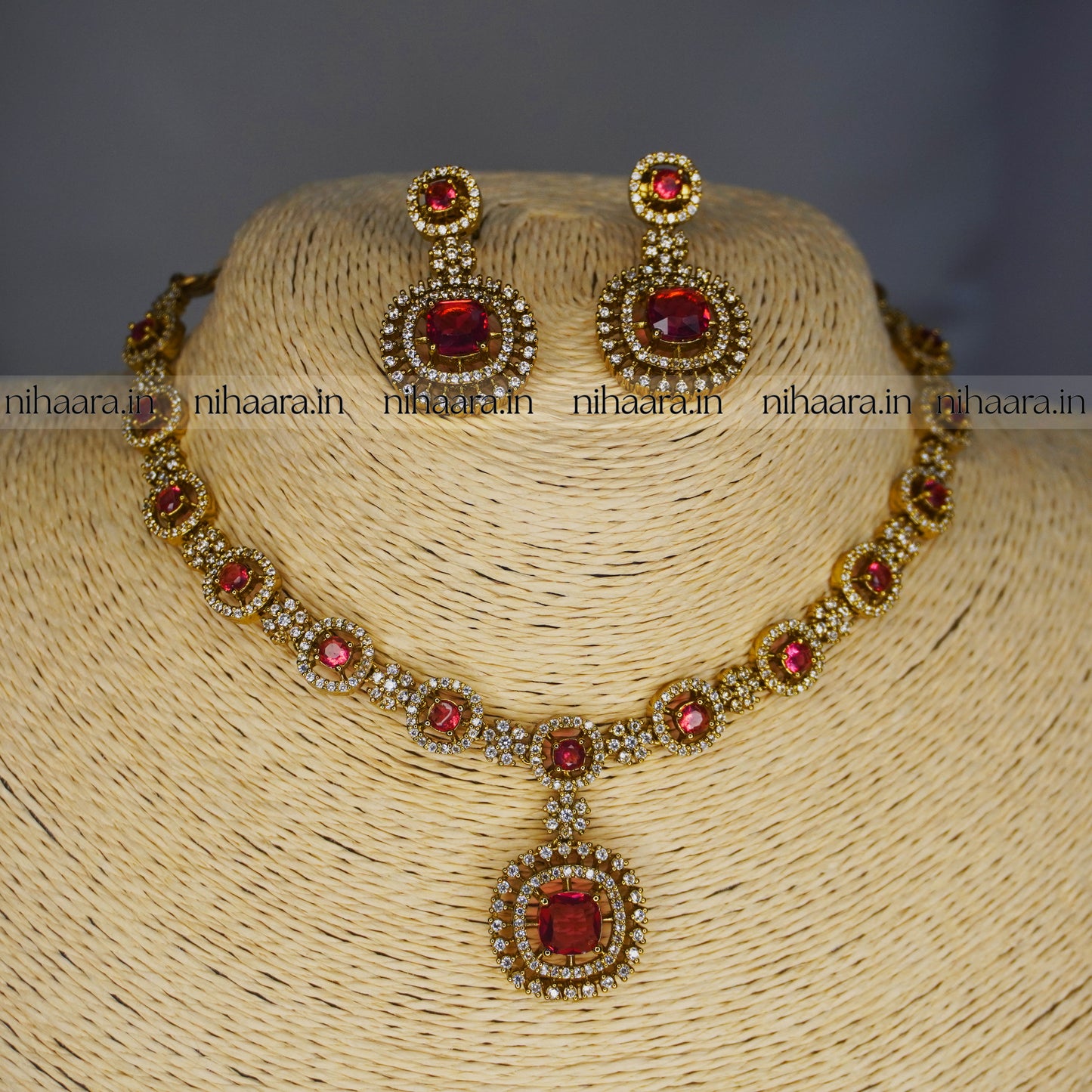 Premium Gold AD Stones Rani Necklace Set Red NA840