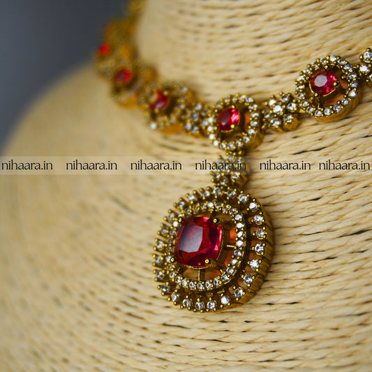 Premium Gold AD Stones Rani Necklace Set Red NA840
