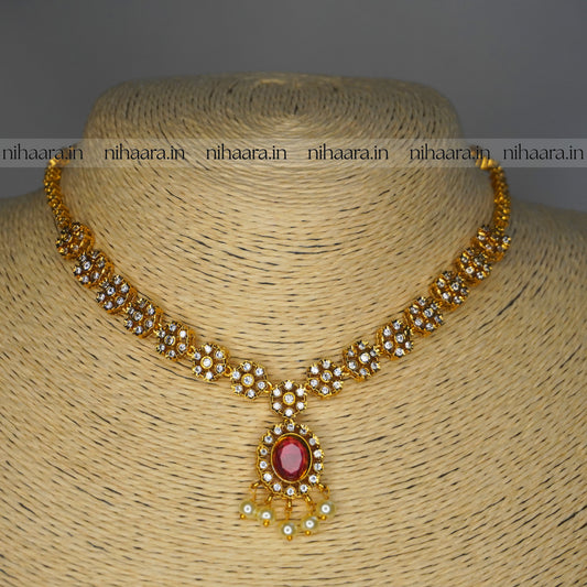 Gold Jhanvi AD Necklace Set Red NA818