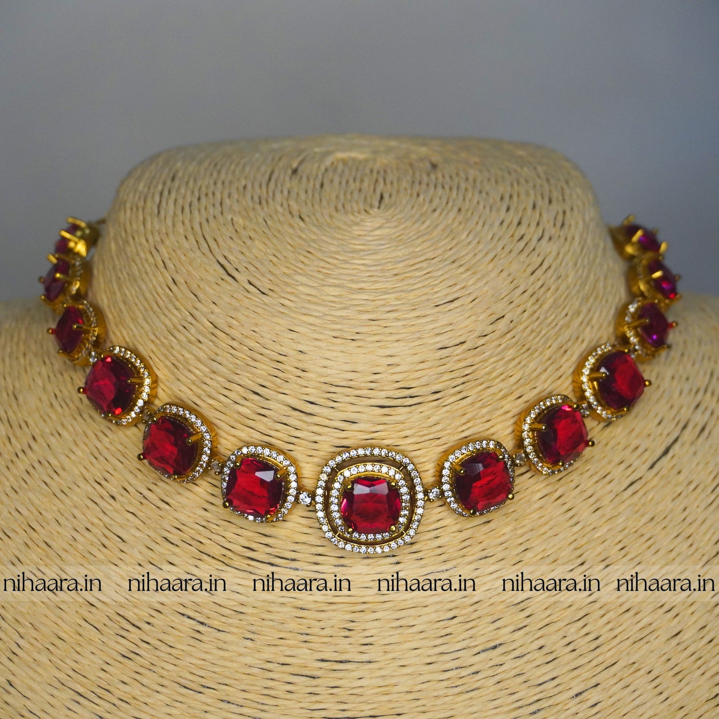 Premium Gold AD Ziva Necklace Set Red NA821