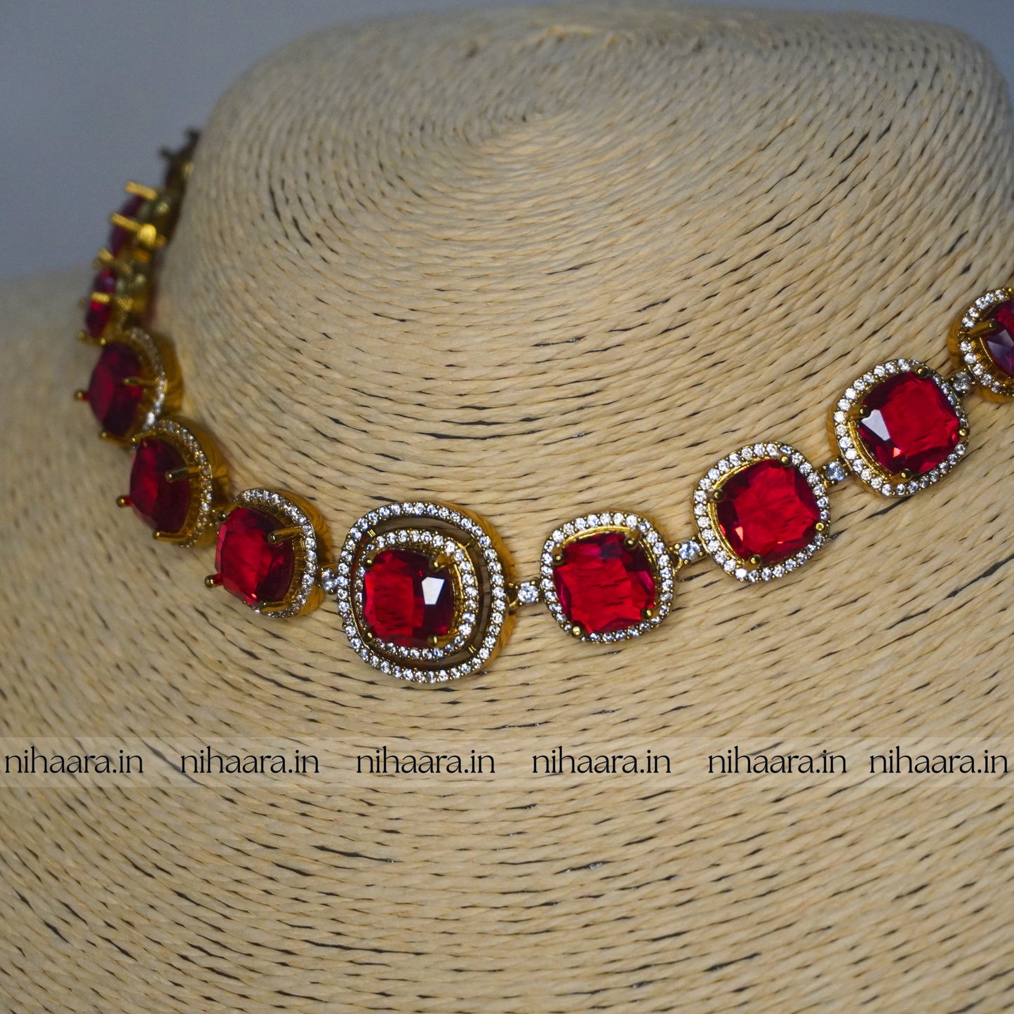 Premium Gold AD Ziva Necklace Set Red NA821