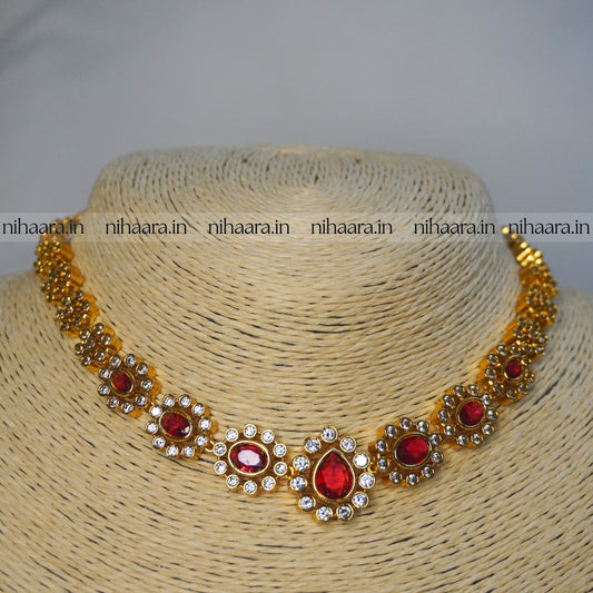 Premium Gold AD Stones Vishu Necklace Set Red NA843