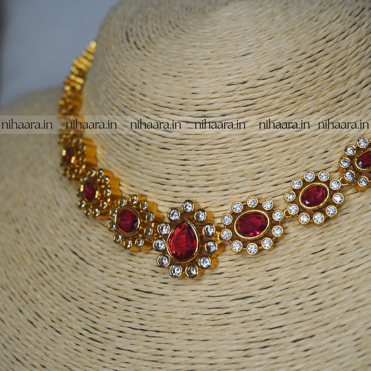 Premium Gold AD Stones Vishu Necklace Set Red NA843
