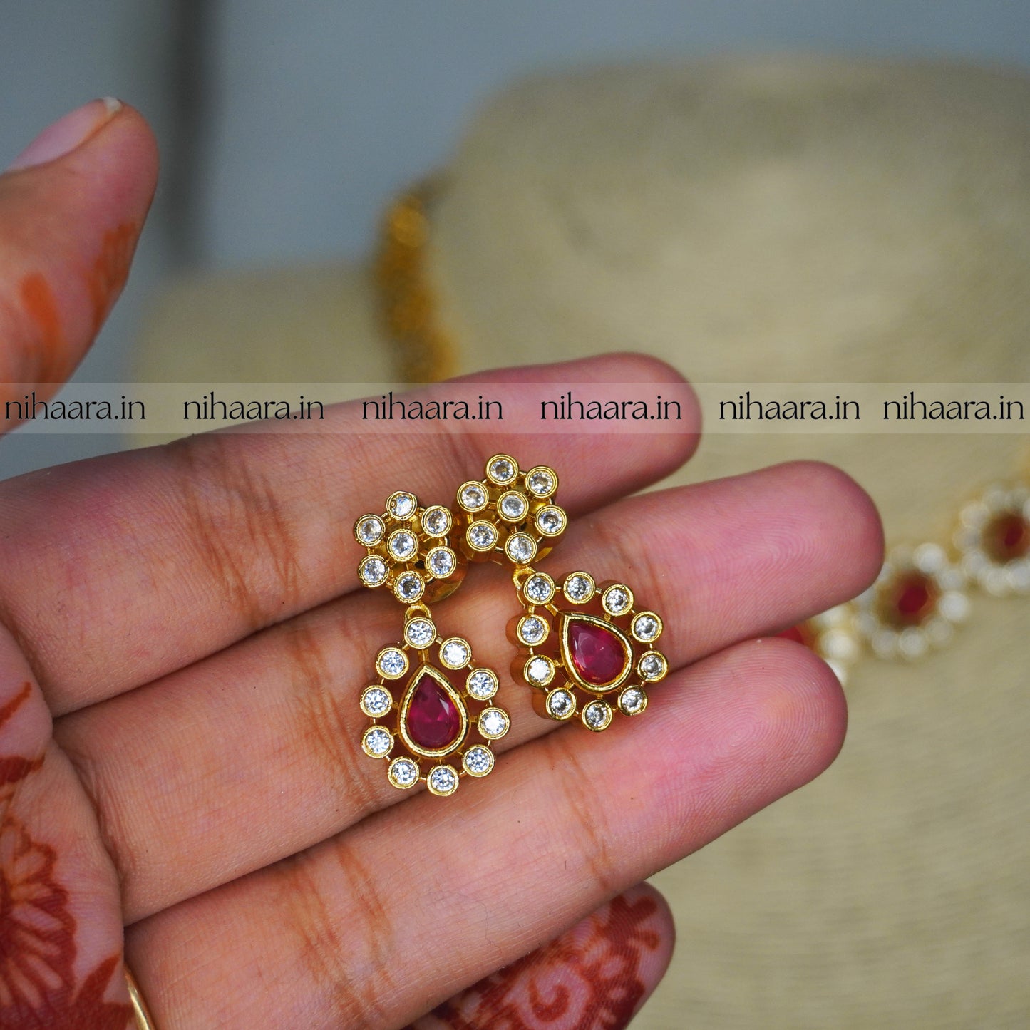 Premium Gold AD Stones Vishu Necklace Set Red NA843