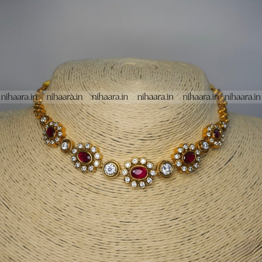 Premium Gold AD Stones Vishu Necklace Set Red NA843