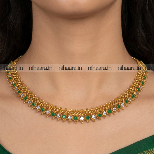Gold Alankritha Necklace Set - White & Green NA765