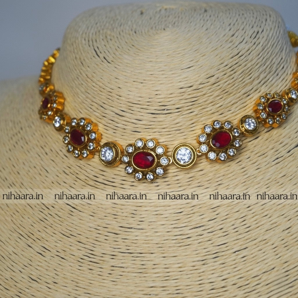 Premium Gold AD Stones Vishu Necklace Set Red NA843