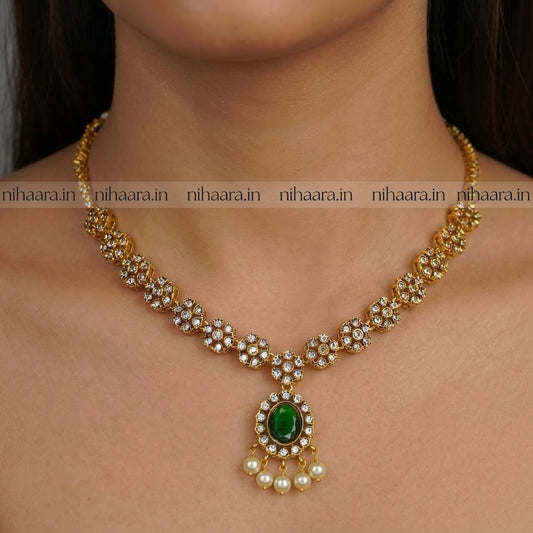 Gold Jhanvi AD Necklace Set Green NA819
