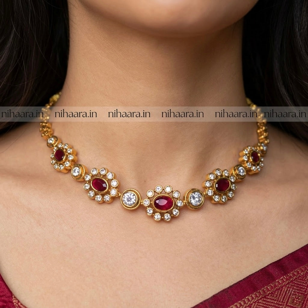 Premium Gold AD Stones Vishu Necklace Set Red NA843