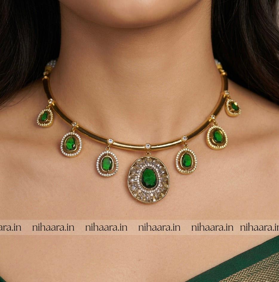 Premium Gold AD Raga Necklace Green NA802