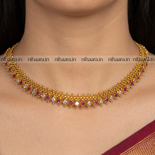 Gold Alankritha Necklace Set - White & Red NA764